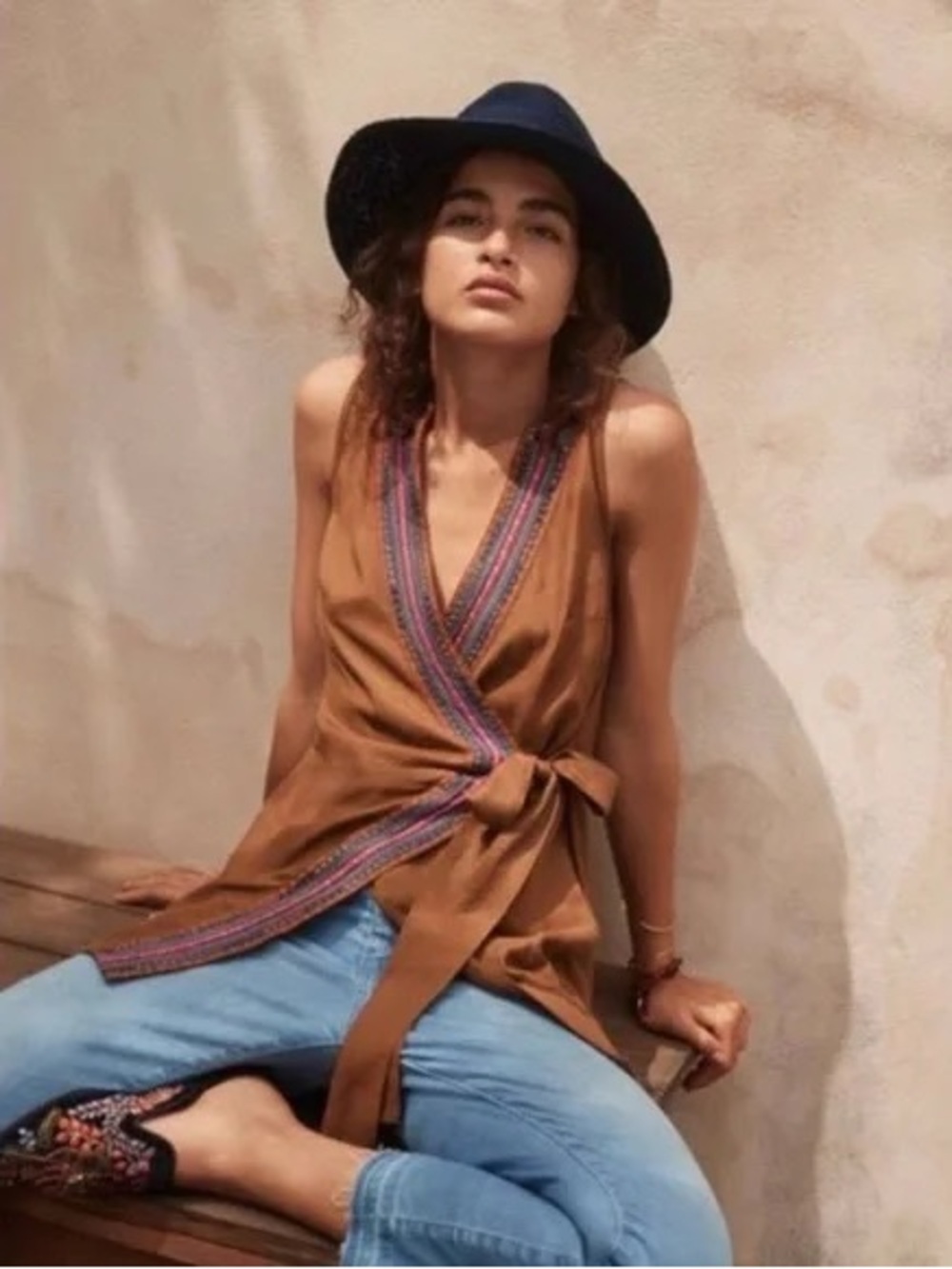 Maeve Anthropologie Luviana brown wrap sleeveless top small embroidered